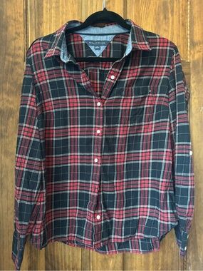 Tommy Hilfiger Women’s Plaid Button Down Roll-Tab Sleeve Shirt Medium